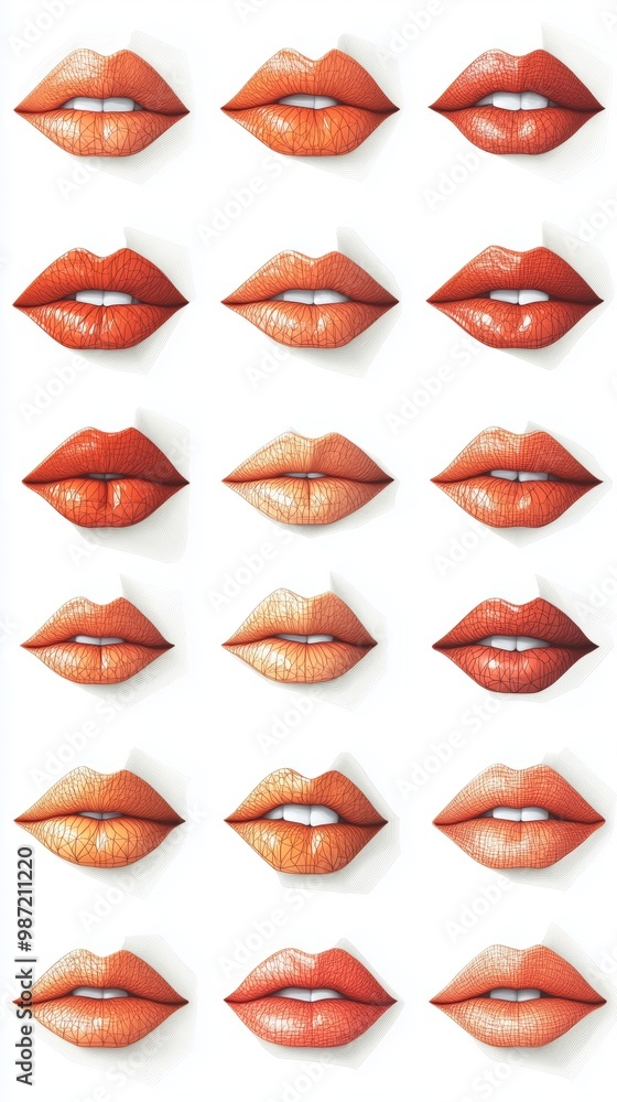 A stylish grid of diverse lips showcasing various shades and textures. A stylish grid of diverse lips showcasing various shades and textures.