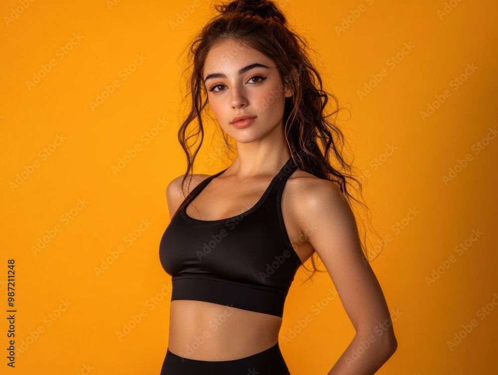 Obraz premium Young slim athletic woman on a gray background. Active lifestyle, weight loss, motivation.