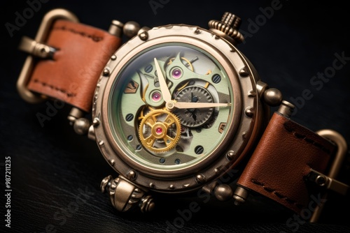 Men's wristwatch, steampunk design. Stylish mechanical watch with lots of gears and decorative elements.