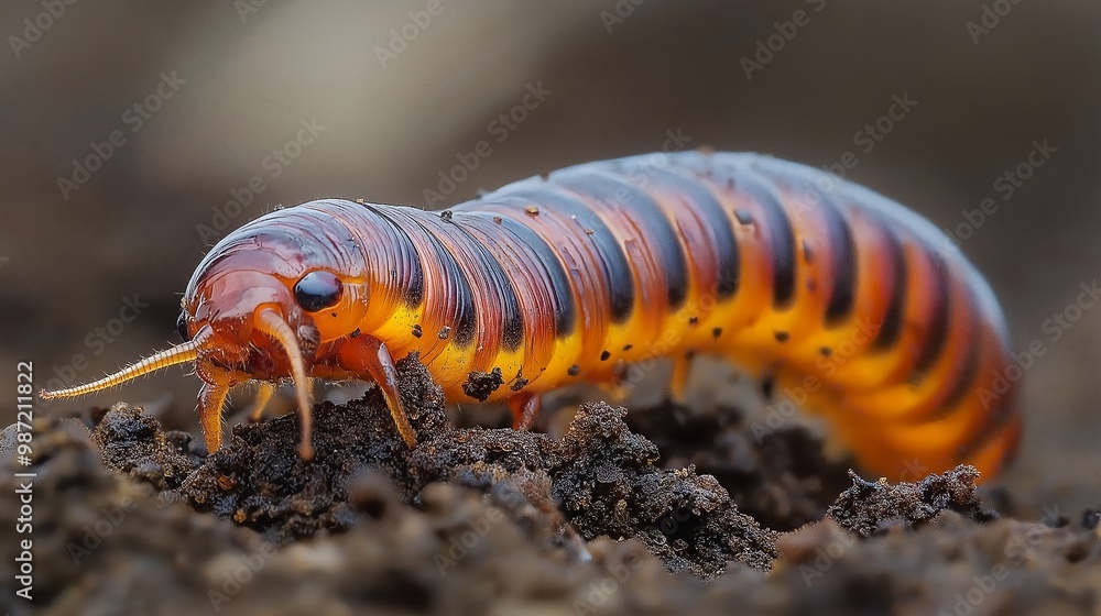 Large brown and black striped caterpillar is crawling on the ground. It has a long, pointed snout and is surrounded by dirt. beautiful worm looking towards camera Large brown and black striped caterpillar is crawling on the ground. It has a long, pointed snout and is surrounded by dirt. beautiful worm looking towards camera