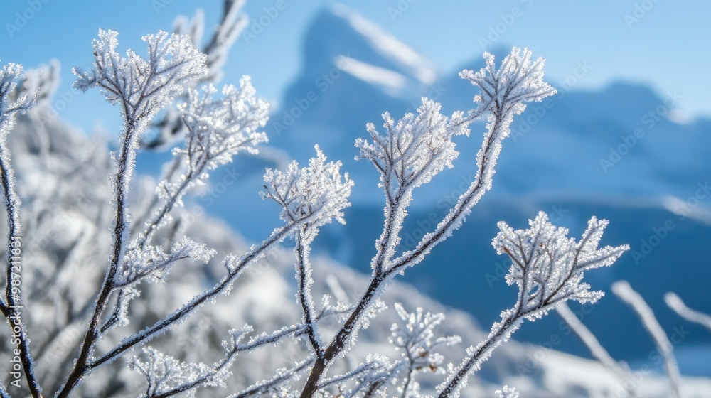 A close-up of frost-covered branches in the Swiss Alps, with majestic mountains looming in the background under a clear winter sky. A close-up of frost-covered branches in the Swiss Alps, with majestic mountains looming in the background under a clear winter sky.