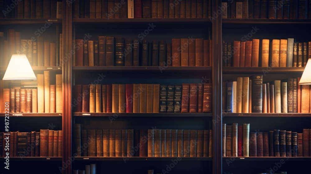 A cozy library illuminated by dim lights. Shelves with a variety of books, printed publications. A cozy library illuminated by dim lights. Shelves with a variety of books, printed publications.