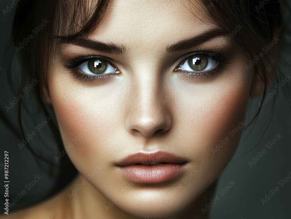 Fototapeta premium Feminine and gentle woman with long hair, glowing perfect skin, beauty industry, beauty and health.
