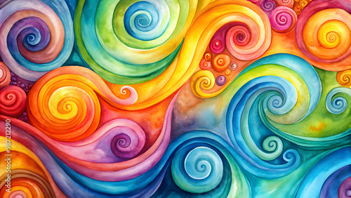 Watercolor background with vibrant wavy spirals, watercolor, background, wavy, spiral, bright colors, abstract, artistic, design
