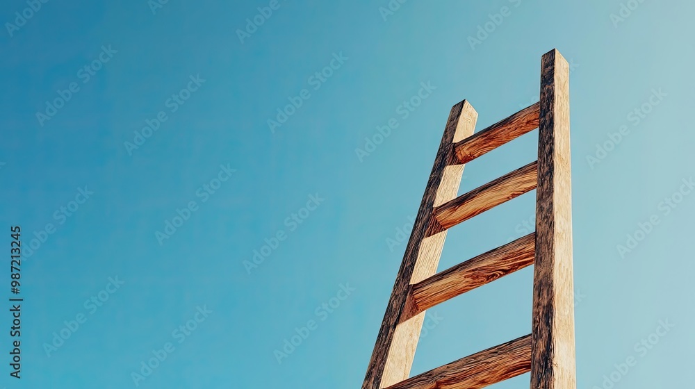 A tall wooden ladder reaching towards a clear blue sky, symbolizing upward mobility and the journey to new heights. A tall wooden ladder reaching towards a clear blue sky, symbolizing upward mobility and the journey to new heights.