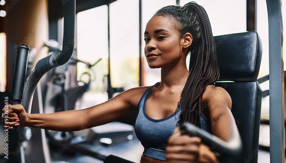 Fototapeta premium african American athletic woman using exercise machine during sports training