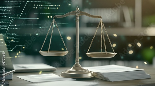 Policy and Regulation Balance: Conceptual Image of Scale with Layered Papers and Digital Interface