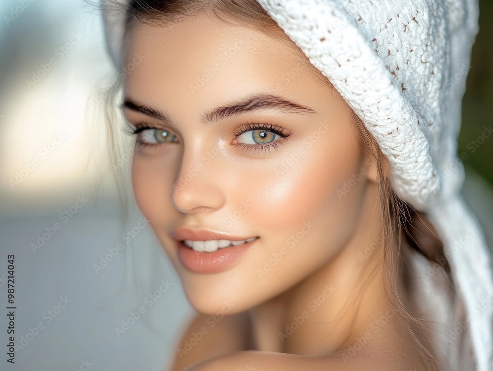 Portrait of a beautiful smiling woman in a white towel. Personal hygiene, after shower. Portrait of a beautiful smiling woman in a white towel. Personal hygiene, after shower.