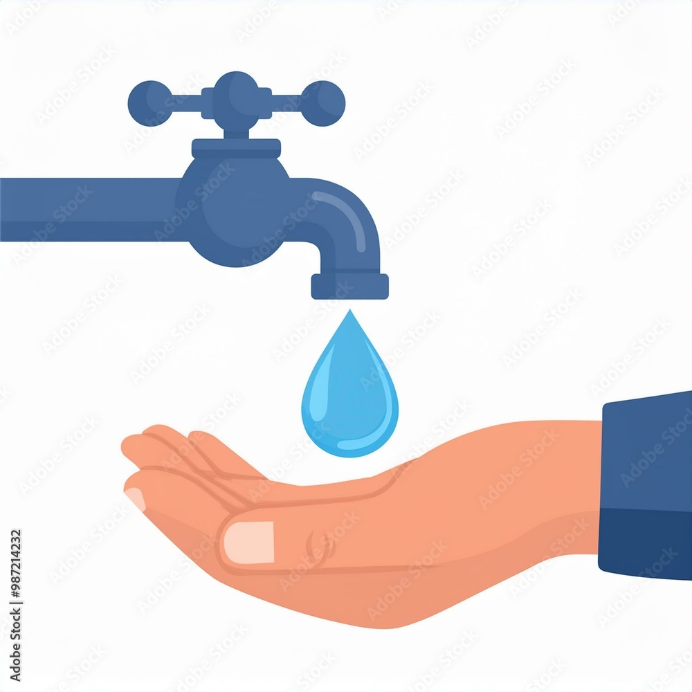 Faucet and hand holding a falling drop of water. World handwashing, Hand Hygiene day. Faucet and hand holding a falling drop of water. World handwashing, Hand Hygiene day.