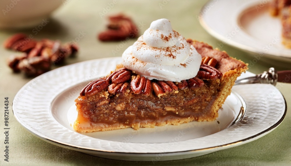 Slice of pecan pie with whipped cream on a white plate Slice of pecan pie with whipped cream on a white plate