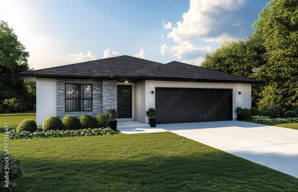 Design an Australian modern front garden for the exterior of a contemporary home with a minimalist design. The garden features green grass, decorative stones, and white concrete pavers in a path leadi Design an Australian modern front garden for the exterior of a contemporary home with a minimalist design. The garden features green grass, decorative stones, and white concrete pavers in a path leadi