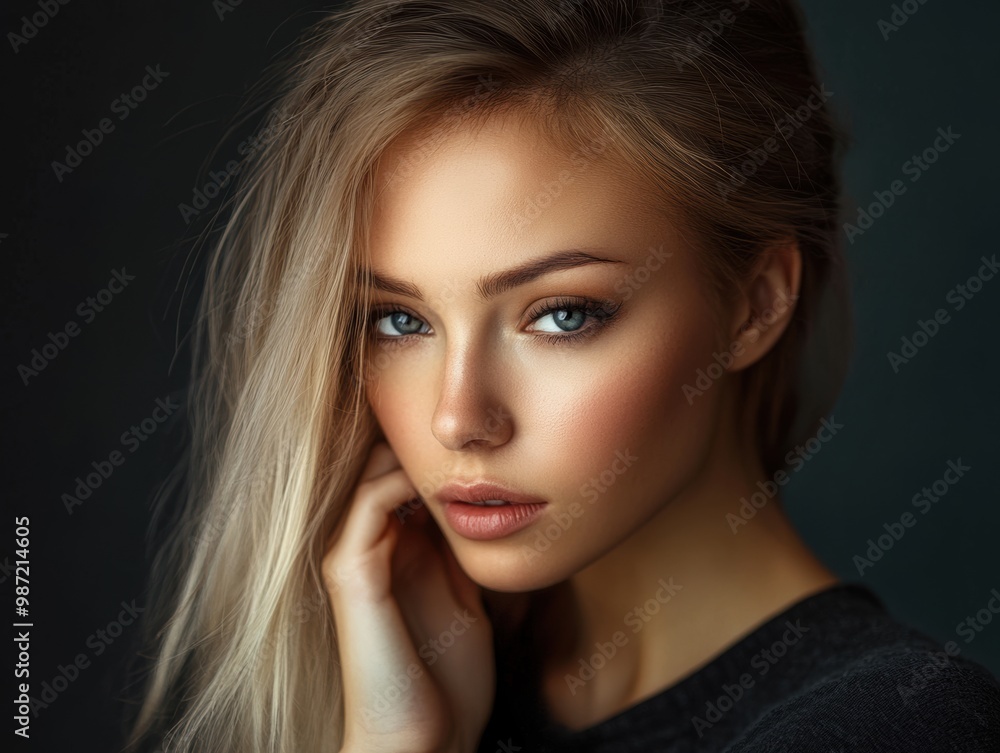 Feminine and gentle woman with long hair, glowing perfect skin, beauty industry, beauty and health. Feminine and gentle woman with long hair, glowing perfect skin, beauty industry, beauty and health.