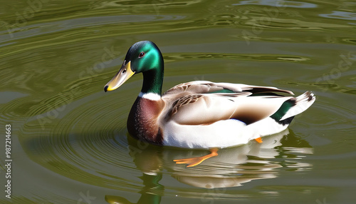 Duck with Reflections Swimming in a Pond