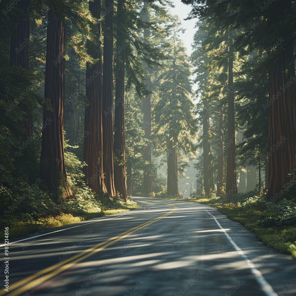 Fototapeta premium This image shows a road surrounded by tall trees in a forest, which is likely a pine or redwood forest due to the trees' tall size and lush foliage.