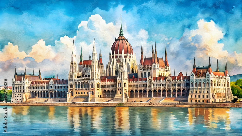 Fototapeta premium Panoramic watercolour painting of the Parliament building in Budapest, Hungary , Budapest