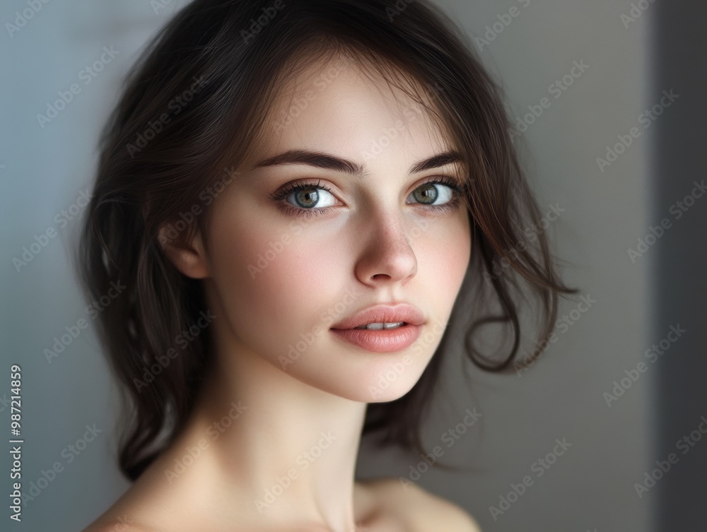Naklejka premium Feminine and gentle woman with long hair, glowing perfect skin, beauty industry, beauty and health.