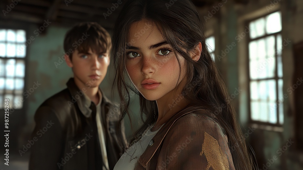 Intense Gaze: A Portrait of a Young Woman and Man Intense Gaze: A Portrait of a Young Woman and Man