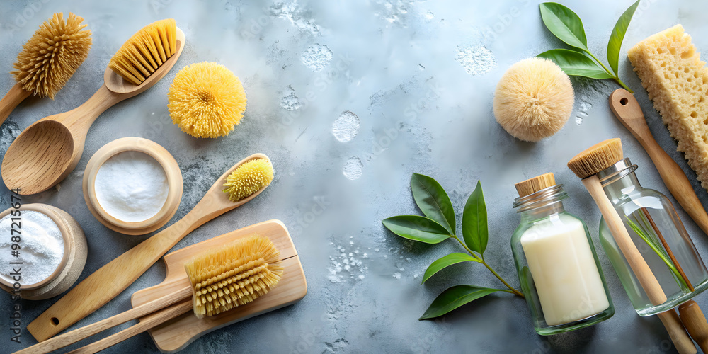 Zero waste eco friendly cleaning concept with wooden brushes, baking soda, and vinegar Zero waste eco friendly cleaning concept with wooden brushes, baking soda, and vinegar