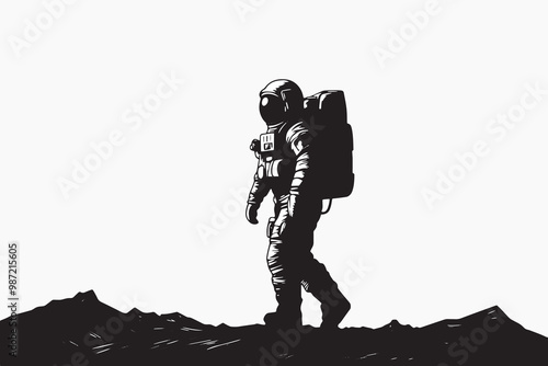 Astronaut walking on alien terrain