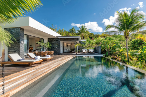 Modern one-story villa with a wooden floor, white walls, and dark gray stone accents, surrounded by lush greenery. A large pool is visible in the foreground, while two lounge chairs stand on an outdoo