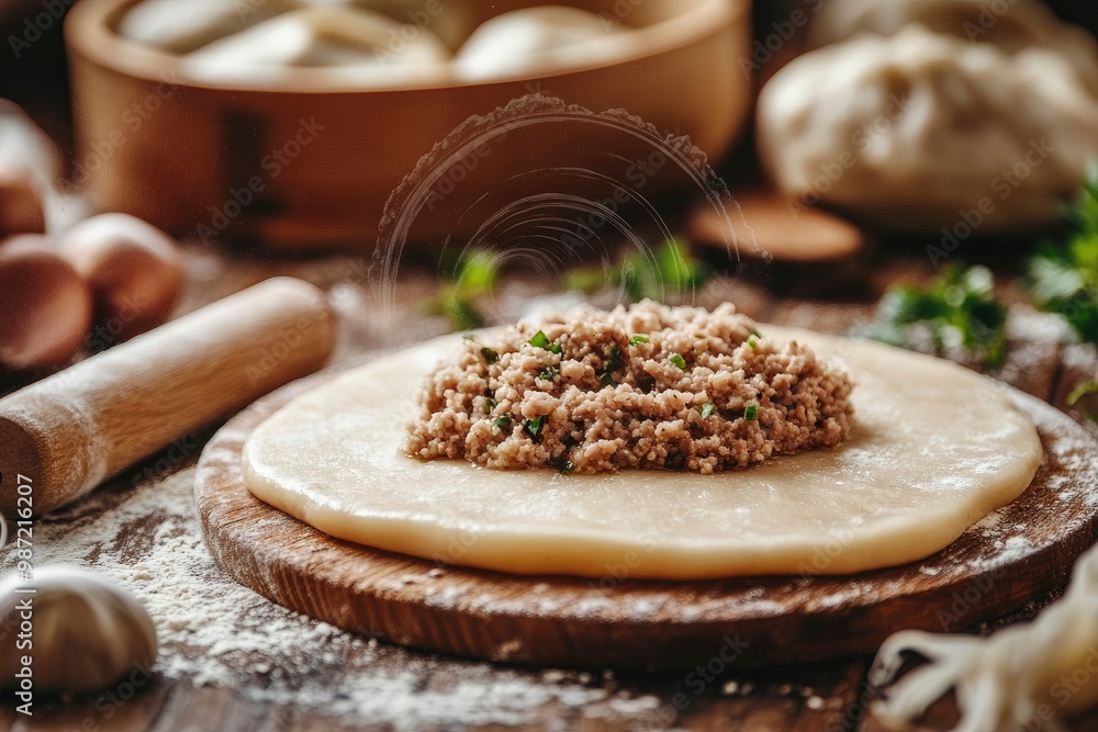 Making Dumplings. Minced meat filling on raw dough slices. Convenience Food, cooking process on rustic wooden table. Close-up shot. Soft focus , ai