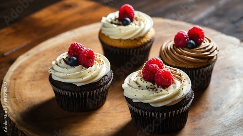 set of rustic design cupcakes on aesthetic wooden table background photo