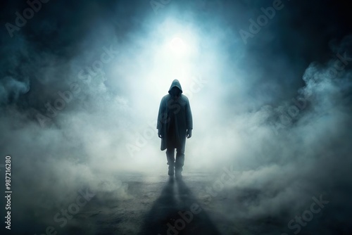 Hooded person walking through fog at night