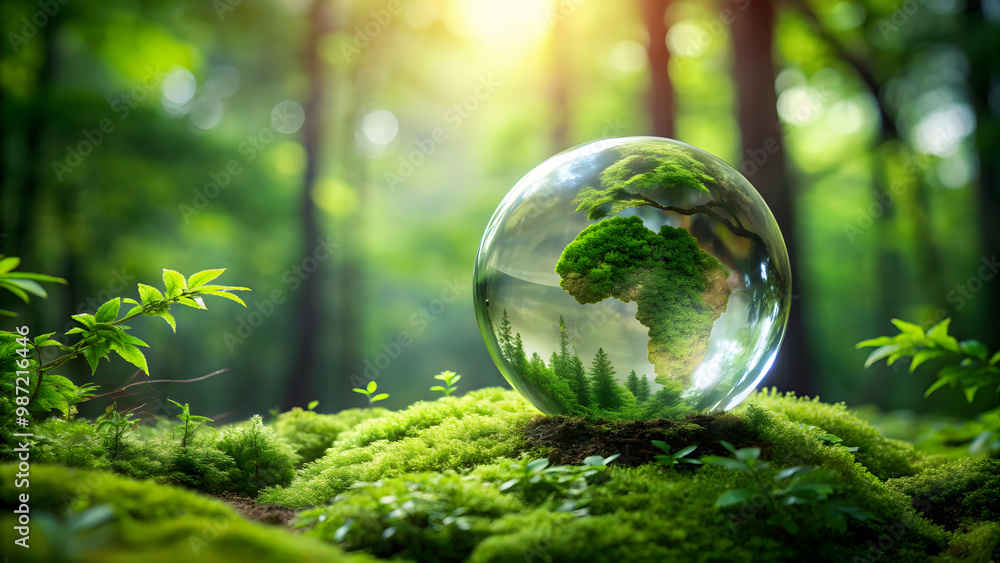 Glass globe surrounded by lush forest greenery representing nature, sustainability Glass globe surrounded by lush forest greenery representing nature, sustainability