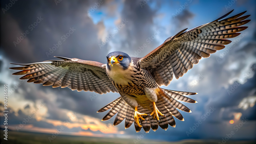 Fototapeta premium Majestic falcon bird of prey in flight, falcon, bird, prey, wings, majestic, feathers, wildlife, hunter, predator, talons, beak, flying