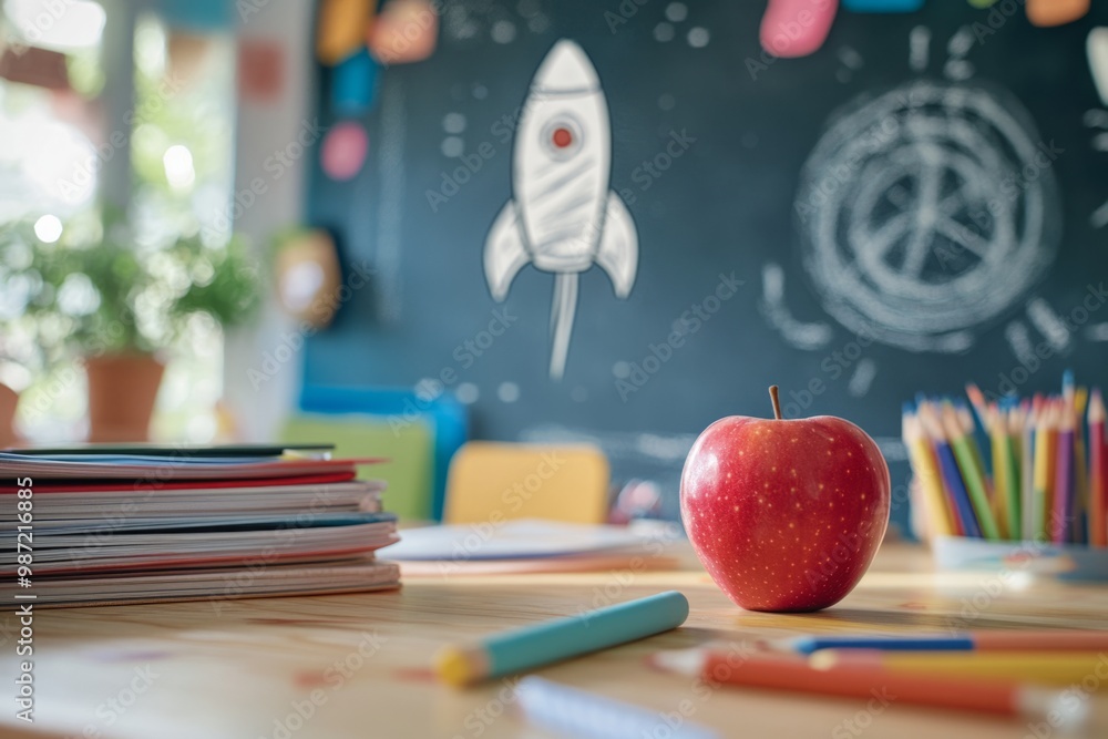 A colorful classroom scene featuring an apple on a desk. Bright walls and a rocket drawing inspire creativity. Perfect for educational themes. Generative AI A colorful classroom scene featuring an apple on a desk. Bright walls and a rocket drawing inspire creativity. Perfect for educational themes. Generative AI