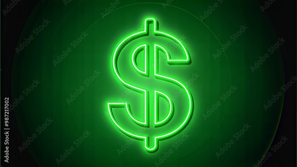 Neon dollar sign, glowing green, on dark brick background, copy space Neon dollar sign, glowing green, on dark brick background, copy space