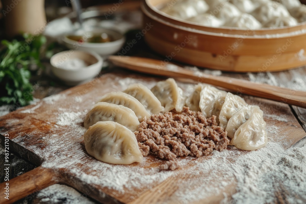 Making Dumplings. Minced meat filling on raw dough slices. Convenience Food, cooking process on rustic wooden table. Close-up shot. Soft focus , ai Making Dumplings. Minced meat filling on raw dough slices. Convenience Food, cooking process on rustic wooden table. Close-up shot. Soft focus , ai