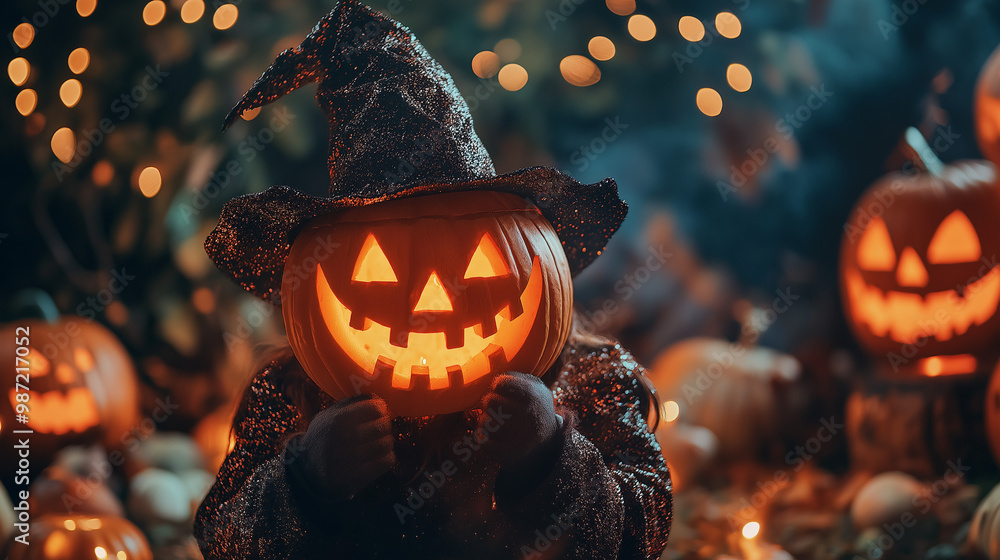 Naklejka premium Stunning Halloween costumes featuring glowing jack o' lantern masks and intricate patterns.