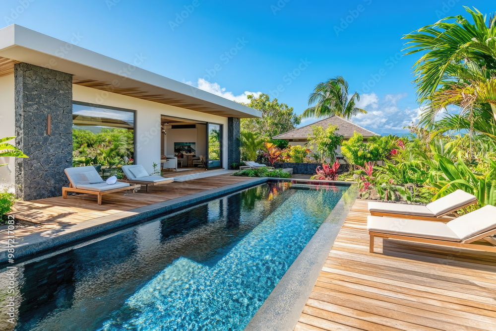 Fototapeta premium Modern one-story villa with a wooden floor, white walls, and dark gray stone accents, surrounded by lush greenery. A large pool is visible in the foreground, while two lounge chairs stand on an outdoo