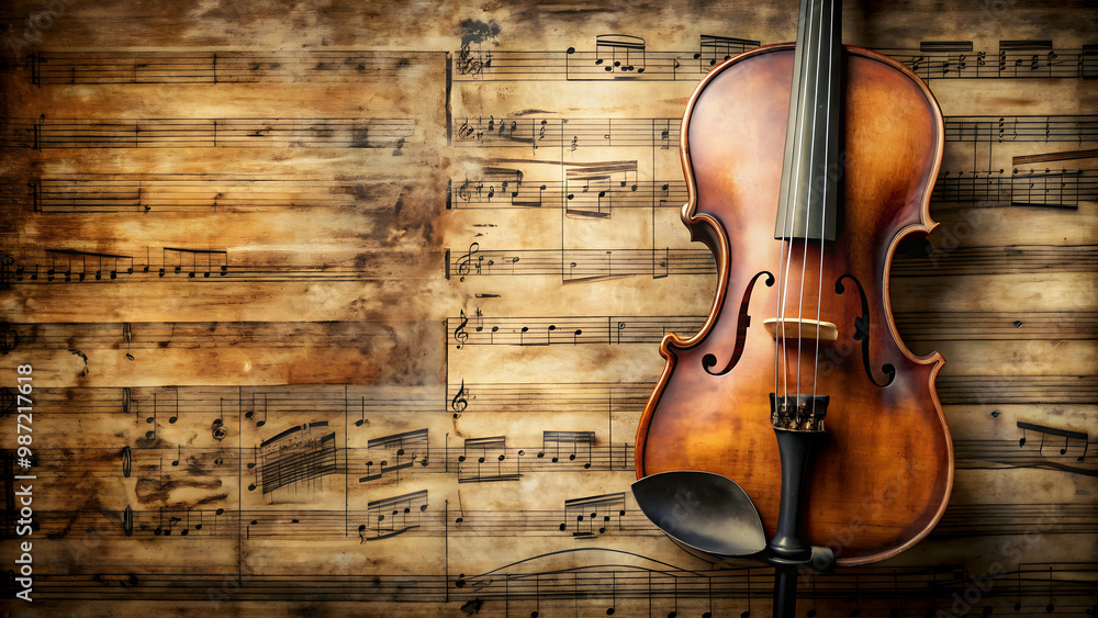 Naklejka premium Vintage violin placed on the sheet music, violin, vintage, music, instrument, classical, antique, strings, old, musical