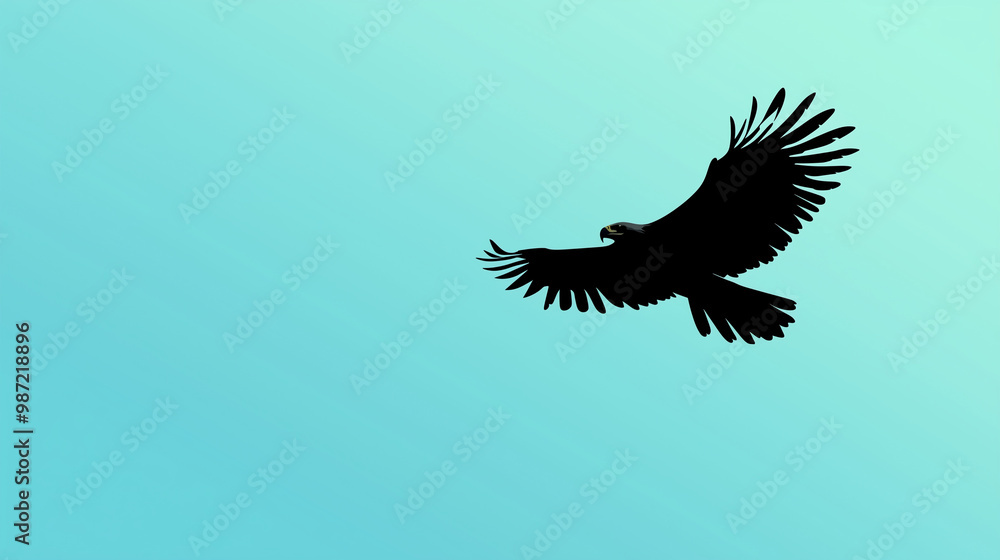 Obraz premium A silhouette of an eagle soaring with a gradient sky blue background , vector and minimalistic picture of an animal on a plain background