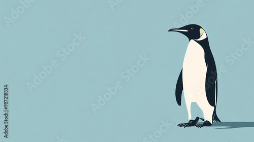 A simple outline of a penguin standing on a light blue background , vector and minimalistic picture of an animal on a plain background