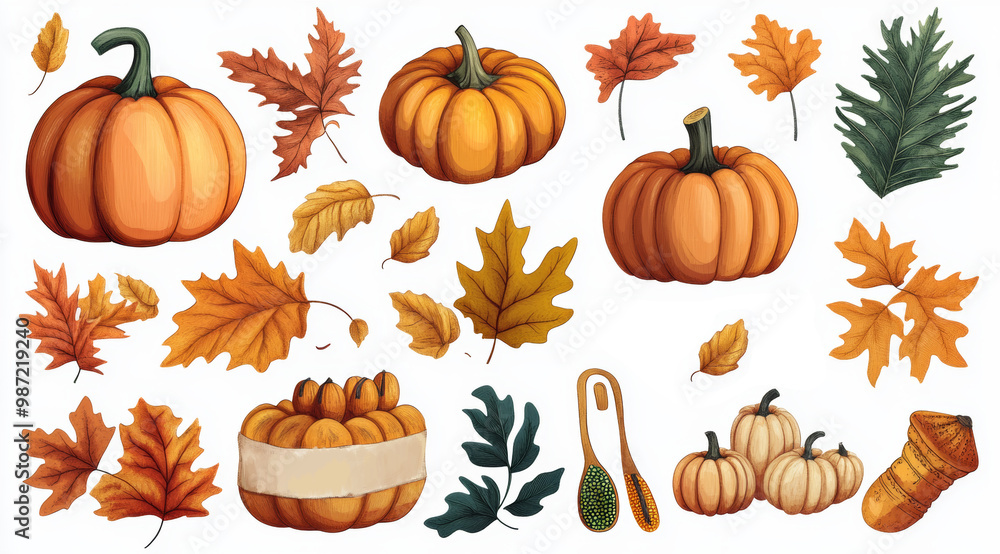 pumpkins and autumn leaves set pumpkins and autumn leaves set
