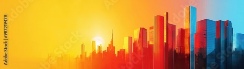 A vibrant cityscape at sunset, showcasing colorful skyscrapers against a backdrop of stunning hues and an enchanting skyline.