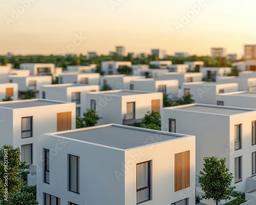 Aerial view of modern residential buildings showcasing contemporary architecture and greenery, perfect for urban planning visuals.