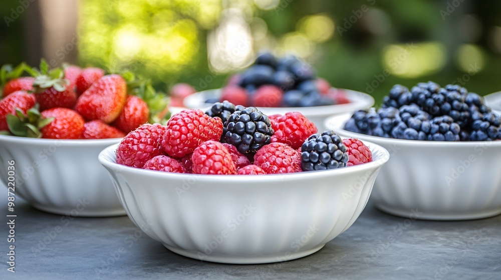Sweet and juicy raspberries and blueberries piled high in a white bowl, a healthy and delicious summer treat Sweet and juicy raspberries and blueberries piled high in a white bowl, a healthy and delicious summer treat