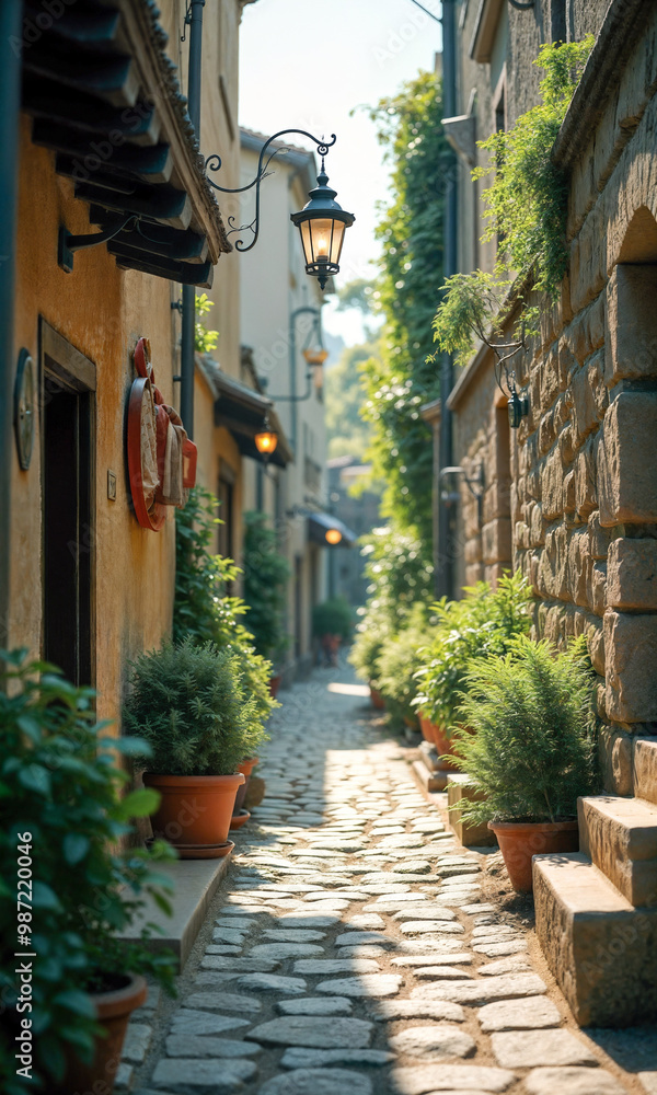 A picturesque cobblestone pathway meanders through a rustic village, flanked by lush plants in terracotta pots, illuminated by warm sunlight and inviting ambiance. A picturesque cobblestone pathway meanders through a rustic village, flanked by lush plants in terracotta pots, illuminated by warm sunlight and inviting ambiance.