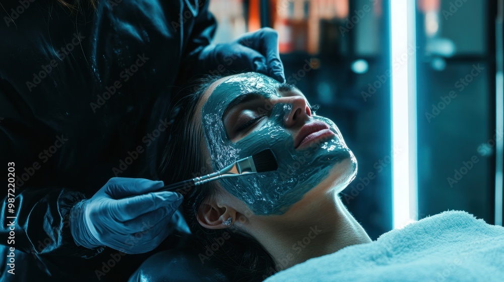 Beautician applying a hydrating gel mask with a brush to a client's face during a luxury facial. Beautician applying a hydrating gel mask with a brush to a client's face during a luxury facial.