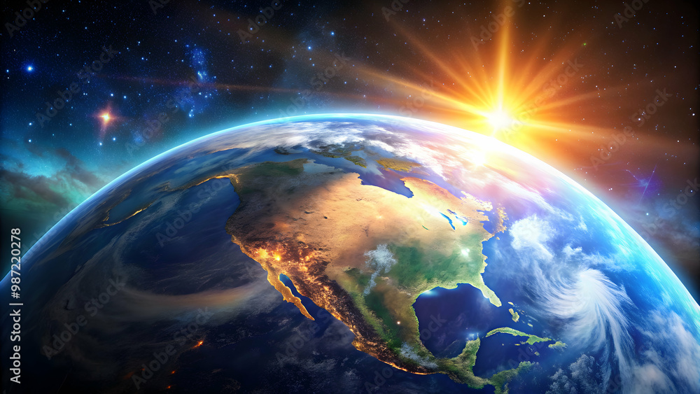 Obraz premium Vibrant image of planet Earth from space with glowing atmosphere, beautiful, planet, Earth, space, vibrant, glowing