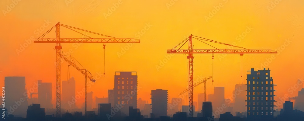 Silhouette of construction cranes against a vibrant sunset, symbolizing urban development and architectural progress. Silhouette of construction cranes against a vibrant sunset, symbolizing urban development and architectural progress.