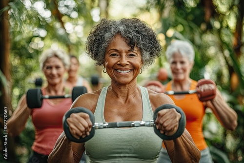 Multiracial group of seniors in sportswear doing strength exercises with dumbbells, holding fitness tools and smiling at camera, selectively focusing on positive senior woman.  photo