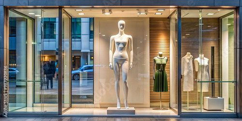 Mannequin standing in a shop window display , fashion, clothing, store, retail, mannequin, shop, window display, stylish, trendy