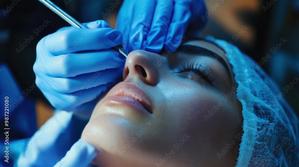 Naklejka premium Beautician performing a blackhead extraction on a client's nose, focusing on deep pore cleansing.