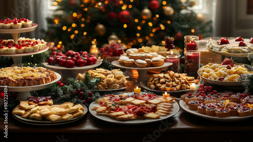  Christmas Dinner table full of dishes with food and tree