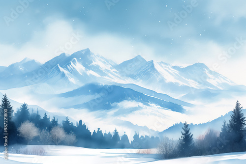 Watercolor illustration of a snowy mountain landscape, with crisp white peaks and a serene winter sky, Generative AI